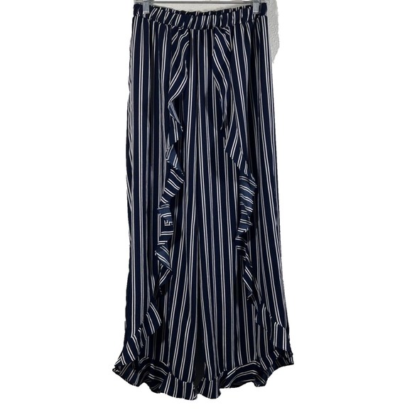 Green Envelope Women's Blue Striped Ruffle Wide-Leg Casual Pants Trouser Size M - Picture 2 of 12